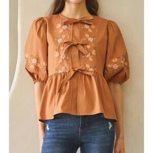 NEW ODDI embroidered poplin ribbon tie blouse in rust